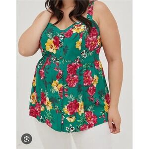 Torrid Fit Flare Rayon Slub Lace Up Back Tank Plus Size 5X Floral Green